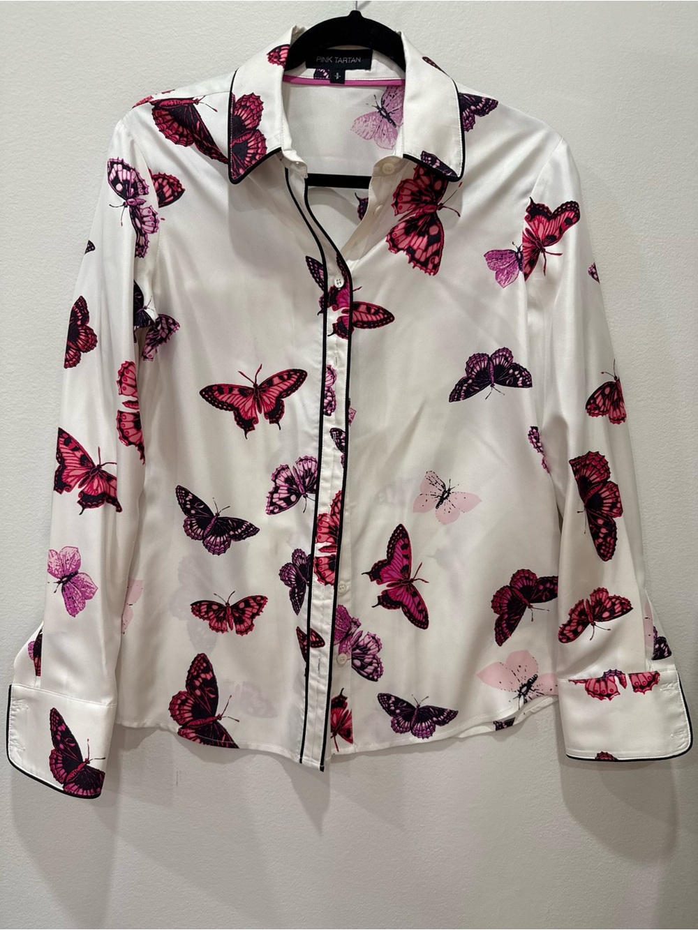 Pink Tartan Silk White Blouse with Pink Butterfly Motif and Black Piping